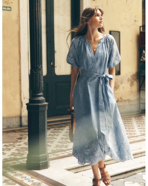 Boden Blue Besticktes Kleid Mit Puffärmeln
