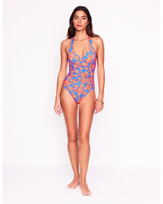 Boden Pink Halter Ruched Swimsuit Bright Papaya