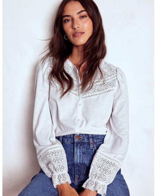 Boden White Pippa Broderie Jersey Shirt