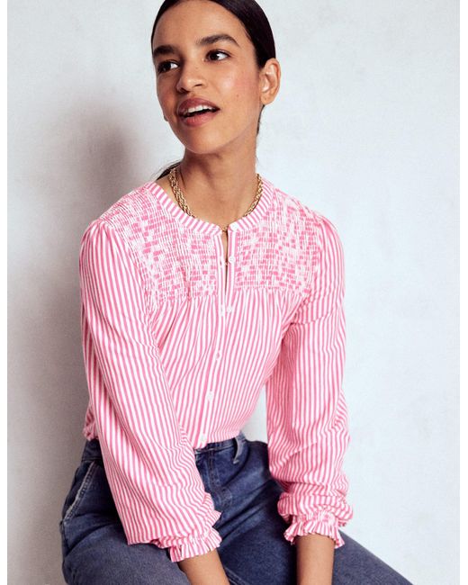 Boden Pink Elsa Smocked Yoke Jersey Shirt