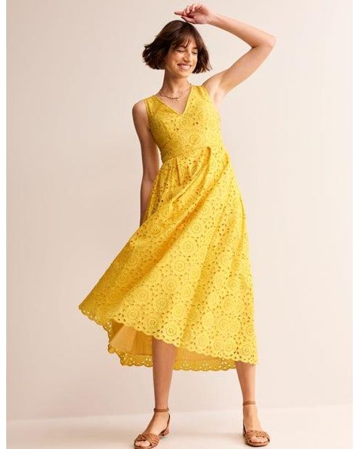 Boden Yellow Broderie Occasion Midi Dress