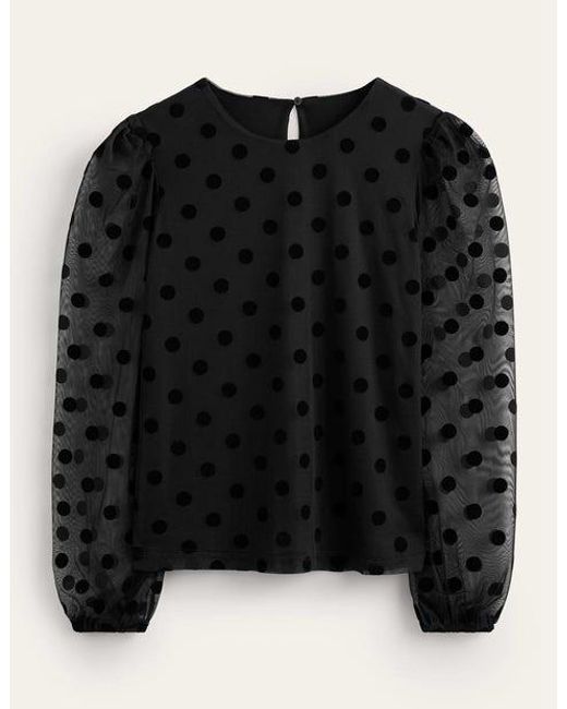 Boden Black Puff-sleeve Spotty Tulle Top