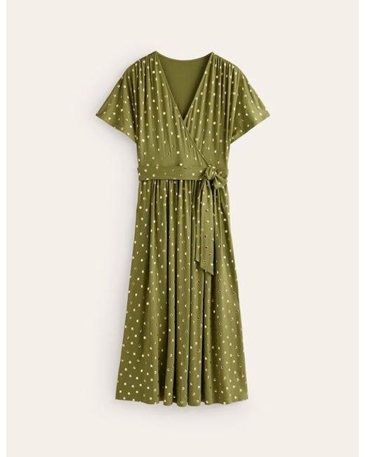 Boden Green Kimono Wrap Jersey Midi Dress Mayfly, Scattered Foil Spot