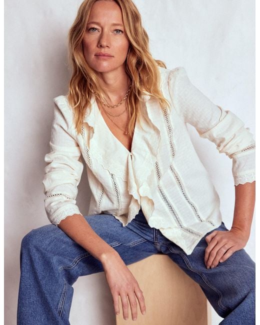 Boden White Ruffle Embroidered Blouse