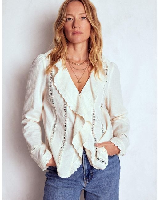 Boden White Ruffle Embroidered Blouse
