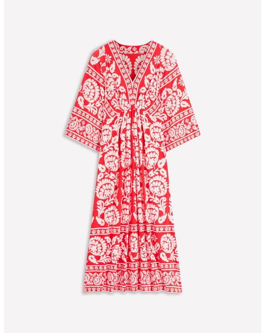 Boden Red Nell Kimono Midi Jersey Dress-Bright Cherry, Ornate Floret