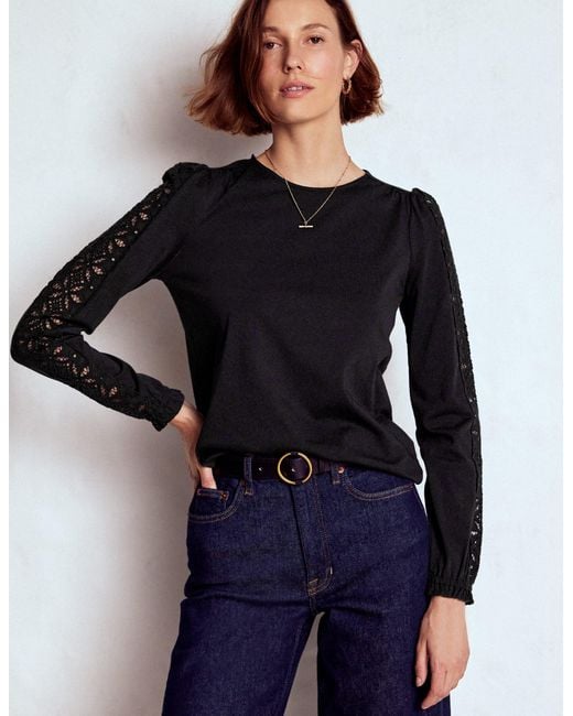 Boden Black Scarlett Broderie Trim Top
