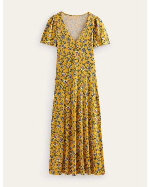 Boden Metallic V-neck Jersey Midi Dress Mustard Seed, Meadow Fall