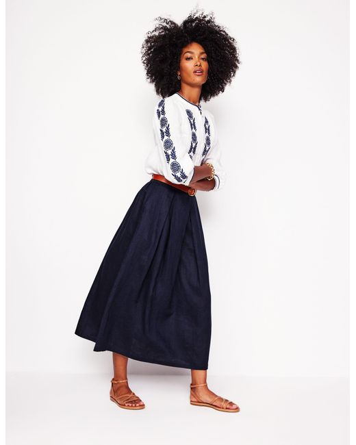 Boden Blue Verity Linen Midi Skirt
