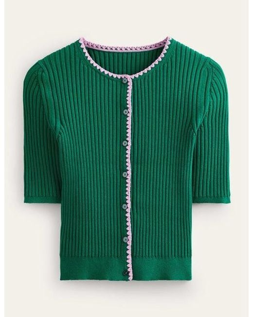 Boden Green Crochet-trim Ribbed Cardigan