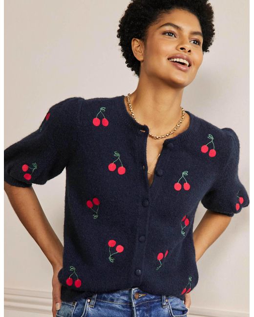 Boden Blue Embroidered Fluffy Cardigan Navy