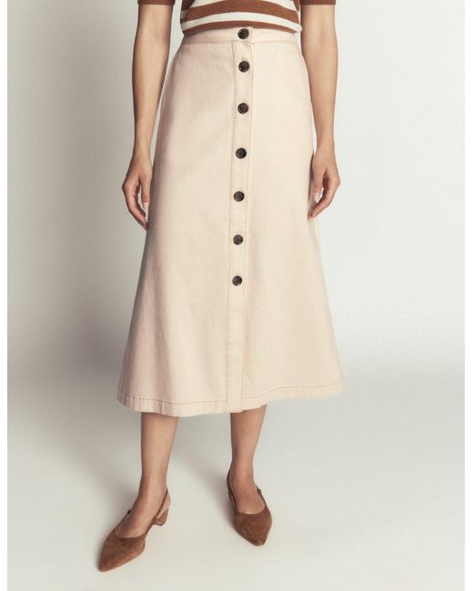 Boden Natural Val Button Denim Midi Skirt
