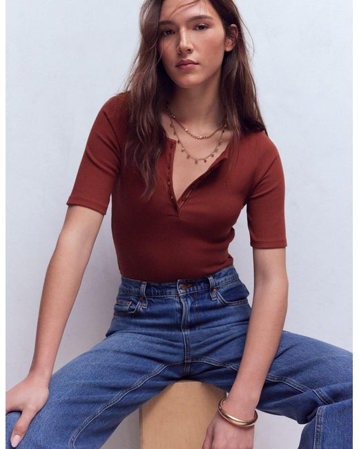 Boden Red Short Sleeve Rib Henley Top