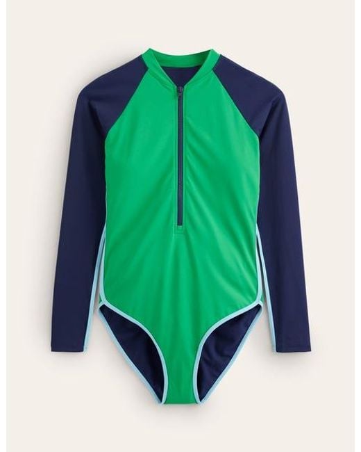 Boden Green Piped Raglan Sleeve Swimsuit
