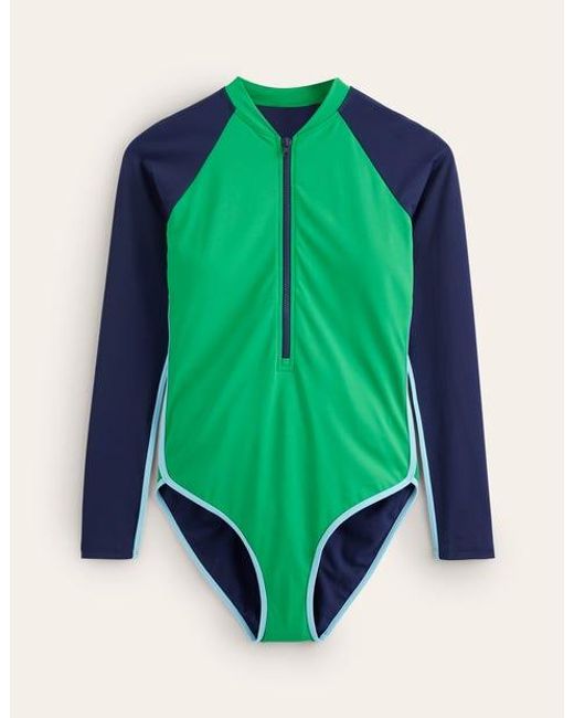 Boden Green Piped Raglan Sleeve Swimsuit