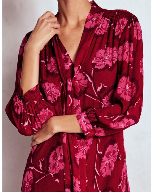Boden Red Brooke Tie Neck Tea Dress Cranberry, Delicate Vine