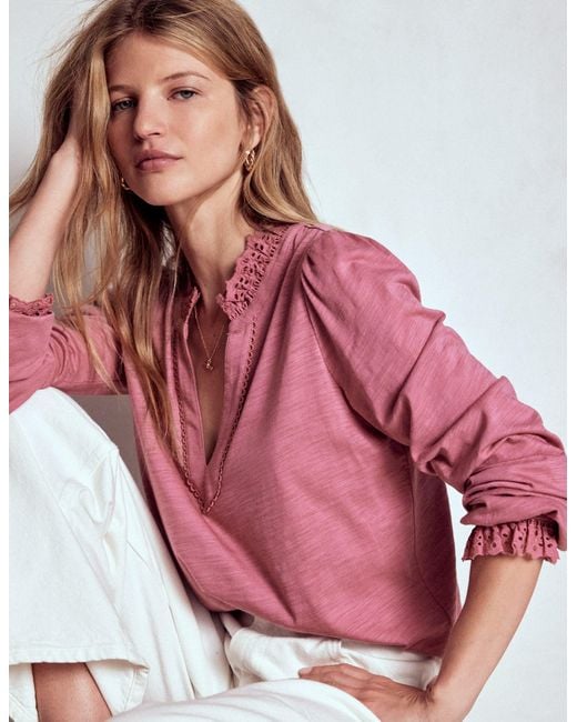 Boden Pink Aria Broderie Notch Neck Top
