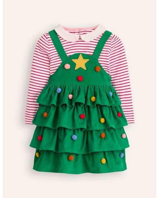 Boden Green Christmas Tree Dress Set Baby