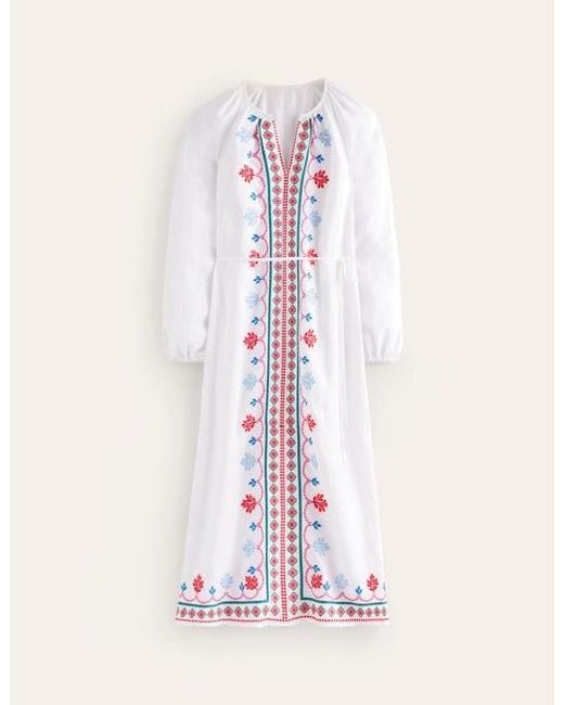 Boden Pink Embroidered Belted Linen Dress White, Multi