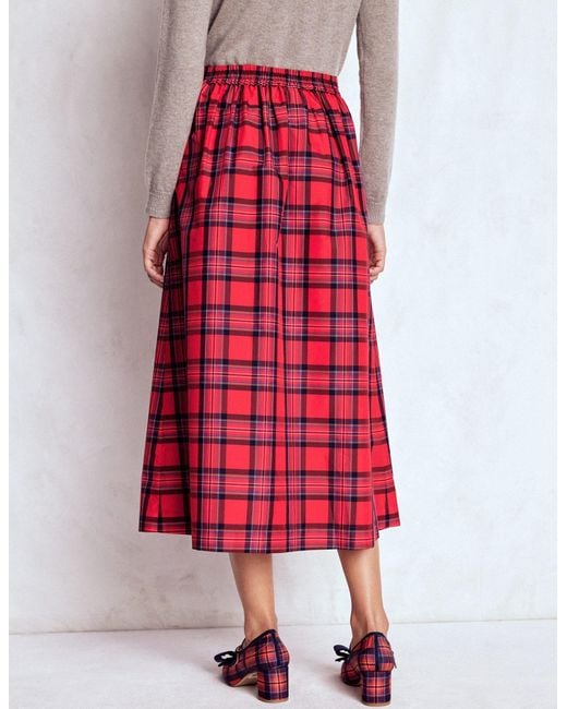 Boden Red Verity Tartan Midi Skirt- & Brand Check