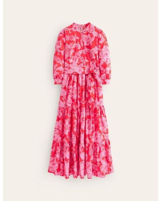 Boden Pink Alba Tiered Cotton Maxi Dress Flame Scarlet, Cascade Paisley