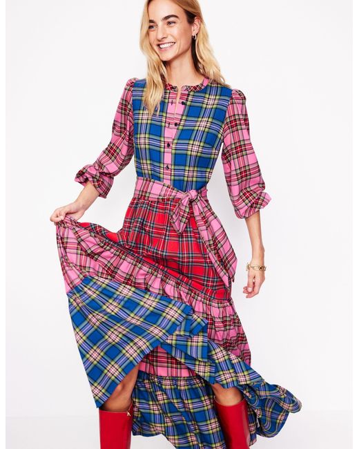 chinese dress ladies Navy Red Plaid Wool Maxi Dress – Handmade Long Sleeve main image 0