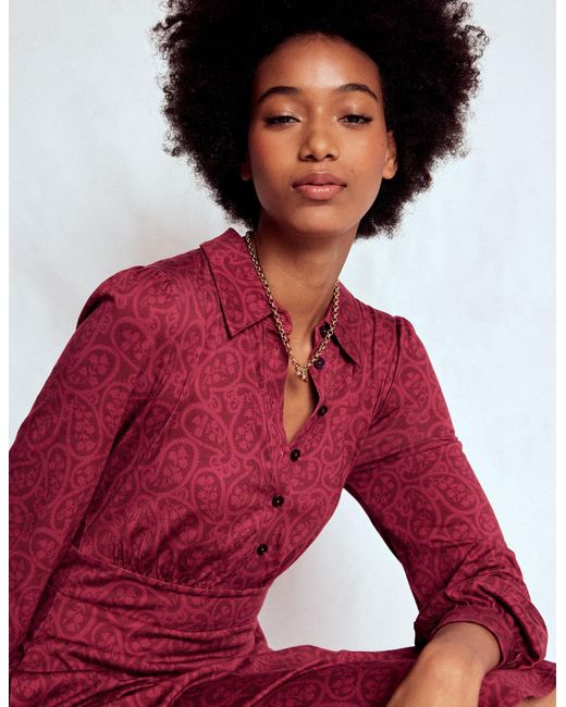 Boden Red Orla Kurzes Jersey-Hemdblusenkleid-Kastanienbraun, Blühend Paisley