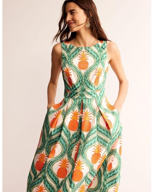 Boden White Sleeveless Pleat Midi Dress Green Tambourine, Pineapple