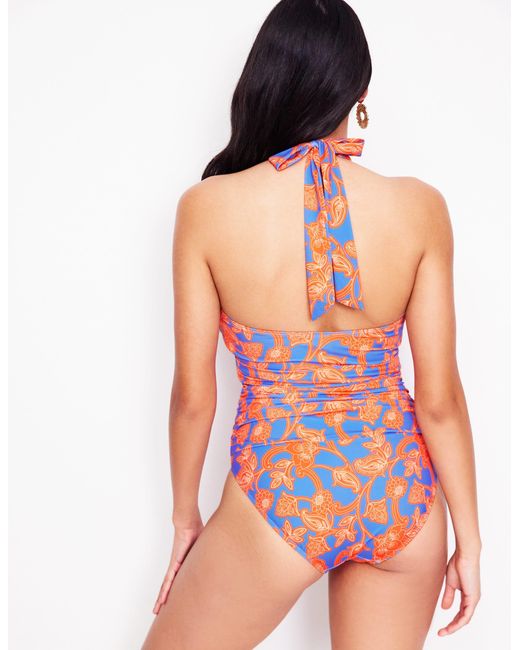 Boden Pink Halter Ruched Swimsuit Bright Papaya