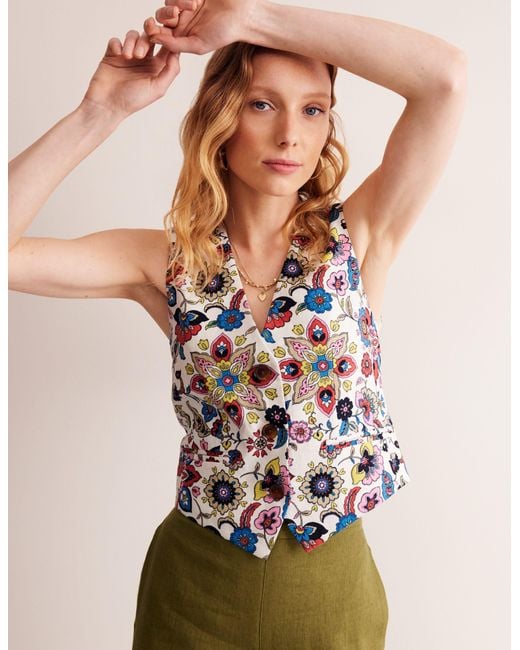 Boden White Tailored Linen Waistcoat-Ivory, Botanic Sprig