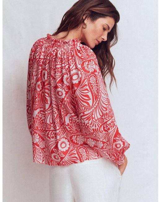 Boden Red Serena Pleat Neck Linen Top