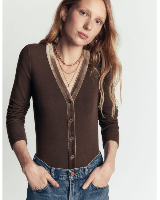 Boden Blue Velvet Trimmed V-Neck Top
