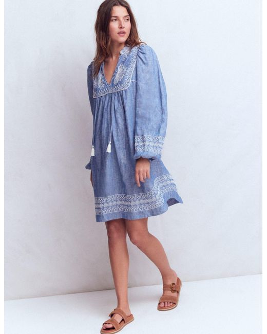 Boden Blue Pia Linen Yoke Tassel Dress