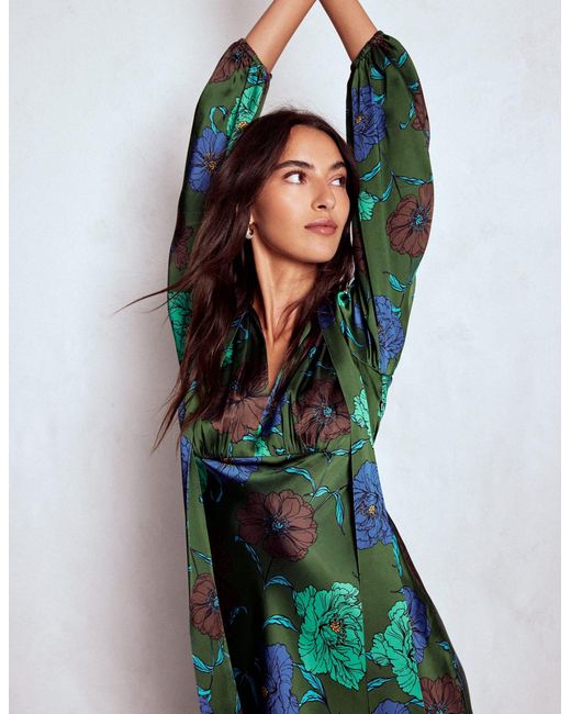 Boden Tie Neck Satin Midi Dress in Green