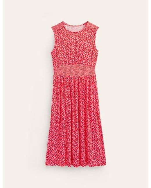 Boden Pink Thea Sleeveless Midi Dress Poppy Red, Botanic Sprig