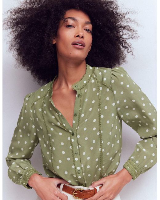 Boden Green Rhea Trim Detail Silk Top-Larch, Painted Dot