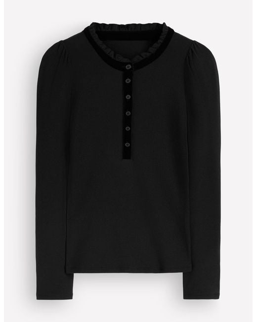 Boden Black Velvet Ruffle Trim Henley Top
