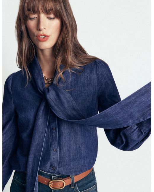 Boden Blue Clara Tie Neck Denim Top