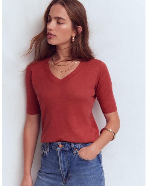 Boden Red Agnes Linen V Neck T-Shirt