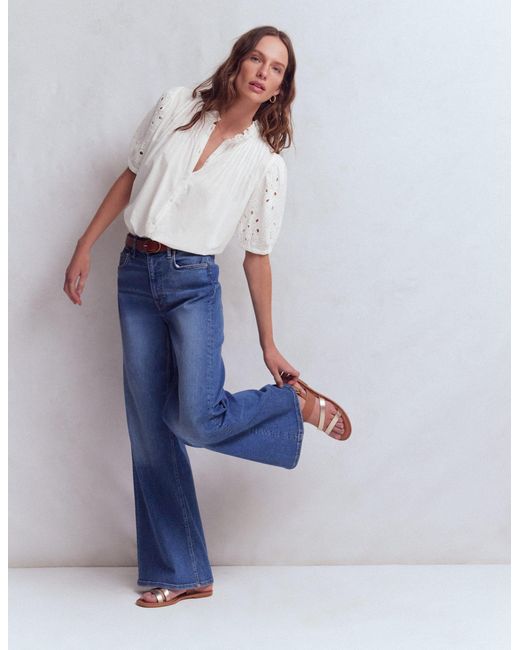Boden White Cutwork Puff Sleeve Top