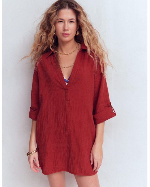 Boden Red Longline Double Cloth Shirt