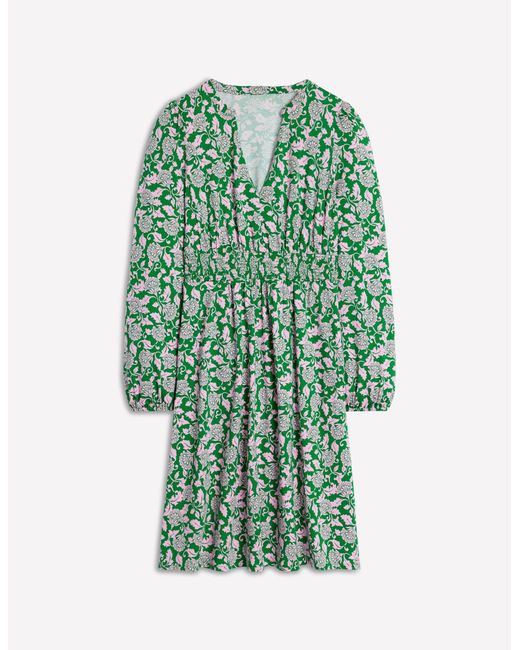 Boden Green Sarah Short Jersey Dress Emerald Night, Garden Blossom