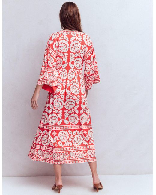 Boden Red Nell Kimono Midi Jersey Dress-Bright Cherry, Ornate Floret