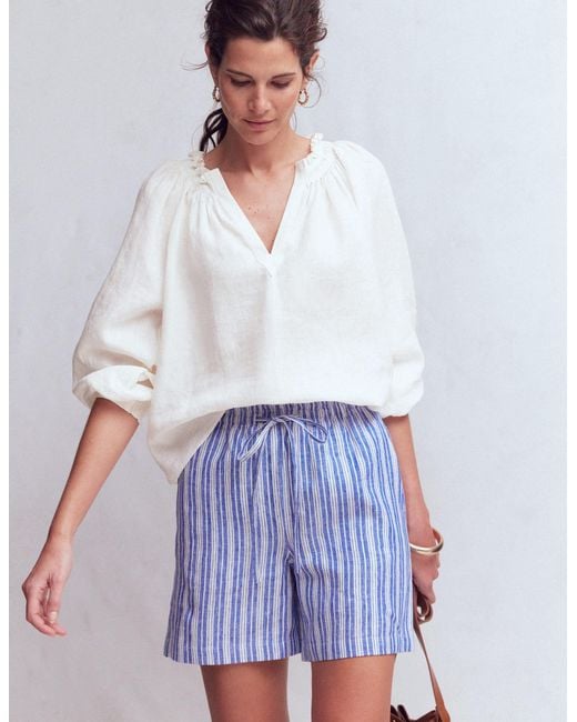 Boden White Serena Pleat Neck Linen Top