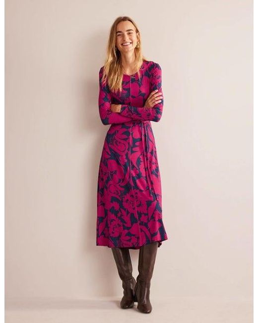 Boden Pink Lucy Jersey Midi Dress Warm Cranberry, Tulip Bloom