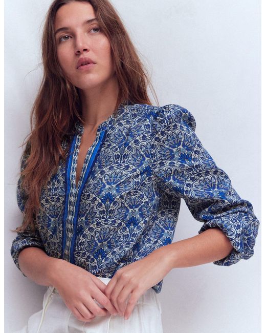 Boden Blue Notch Neck Linen Trim Top- Elaborate Terrace