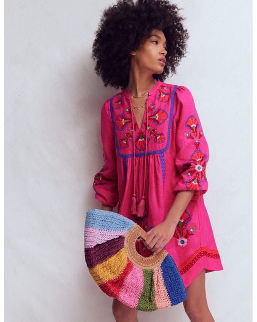 Boden Pink Pia Linen Blend Yoke Dress