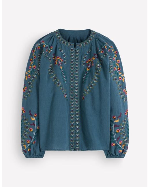 Boden Blue Raglan Embroidered Top