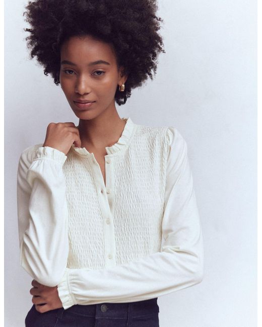 Boden White Supersoft Smocked Button Top