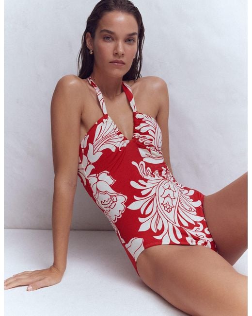 Boden Blue Minori Halter Tie Swimsuit-Salsa, Botanical Flourish